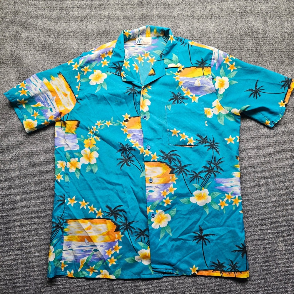 Vintage Islander Mens Teal Tropical Palm Tree Sunset Hibiscus Button Up Shirt L